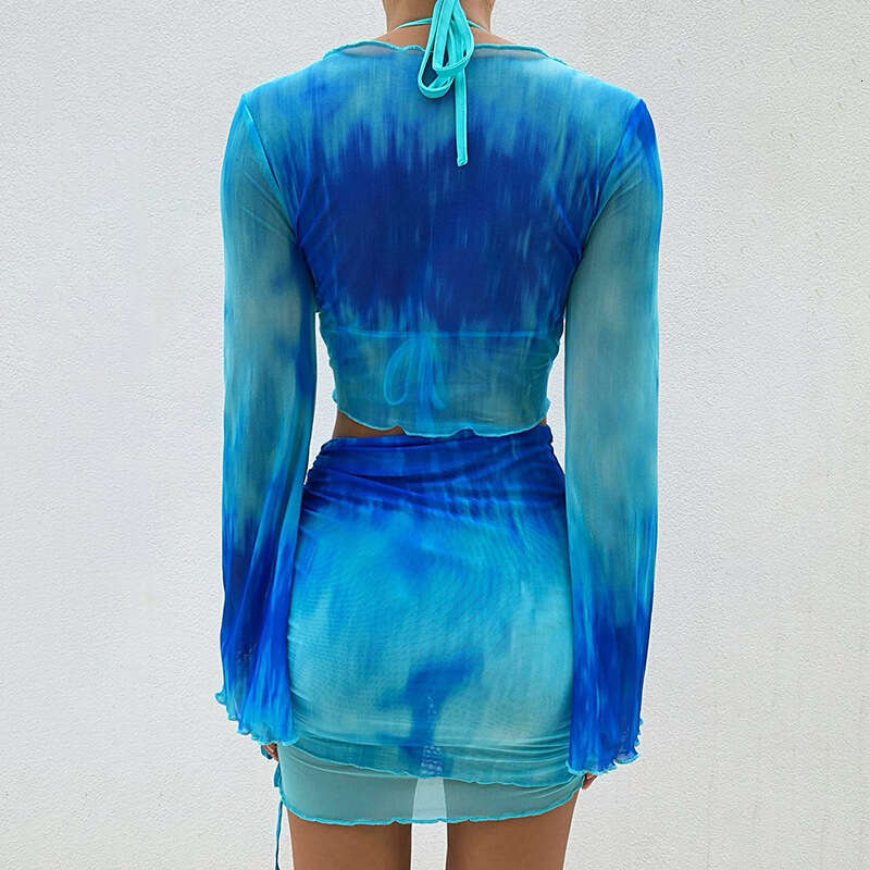 European and American women's autumn tie dye print V-neck strap gradient color mesh trumpet sleeve top short skirt set 2025 new casual fashion tr