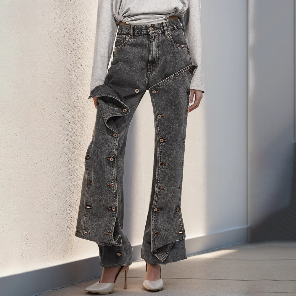 Patchwork Button Denim Loose Pants For Women High Waist Streetwear Straight Jeans Female Fashion Clothing 2025New