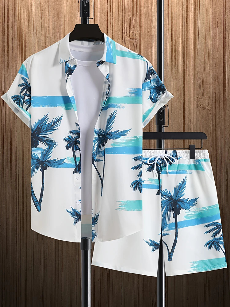 Coconut Tree Print Mens Short Sleeve Shirt And Beach Shorts Sets Summer Fashion Casual Loose Shirts Hawaiian Style Man 250220