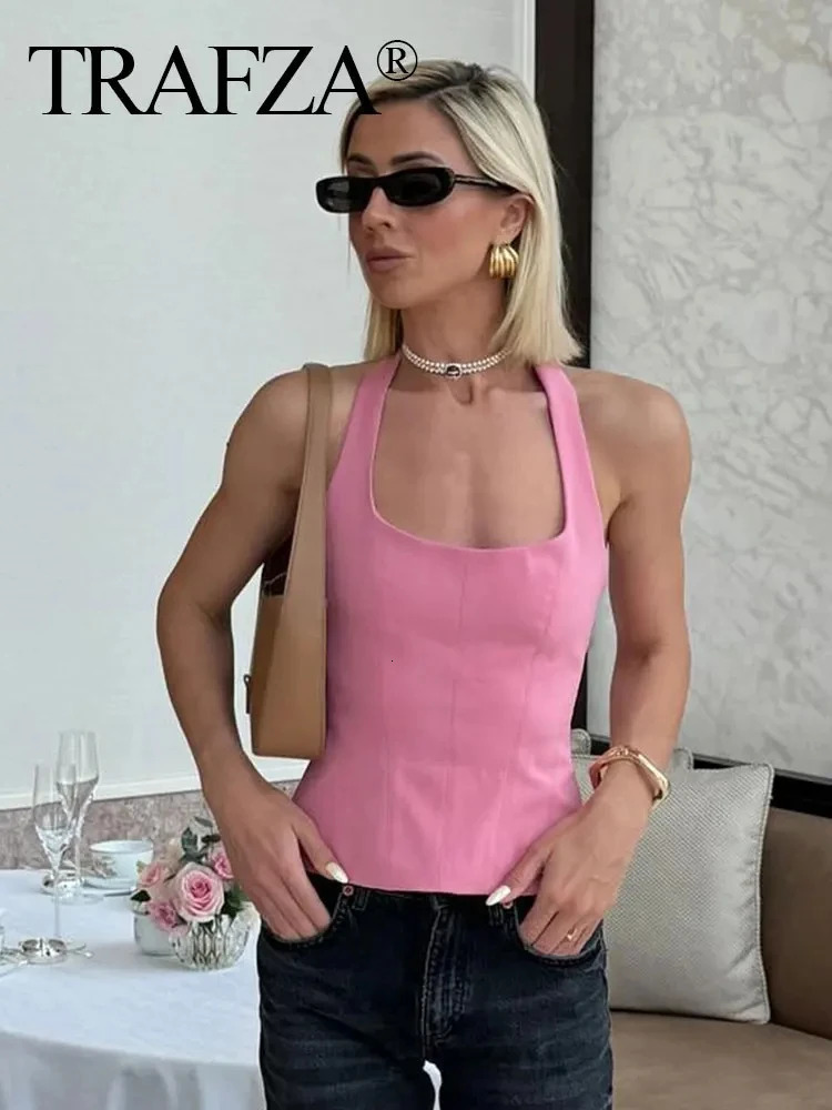 TRAFZA Summer Woman Solid Halter Neck Camis Sleeveless Slim Short Tops Wild Sexy Party Chic Elegant Womens Top Y2k 250218