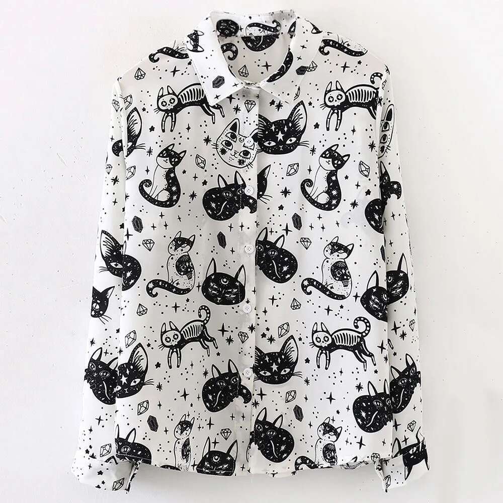 Kitty Print Shirt For Women Long Sleeve Turn-Down Collared Button Down Cute Cartoon Blouse Ladies Spring Summer Kawaii Outfit