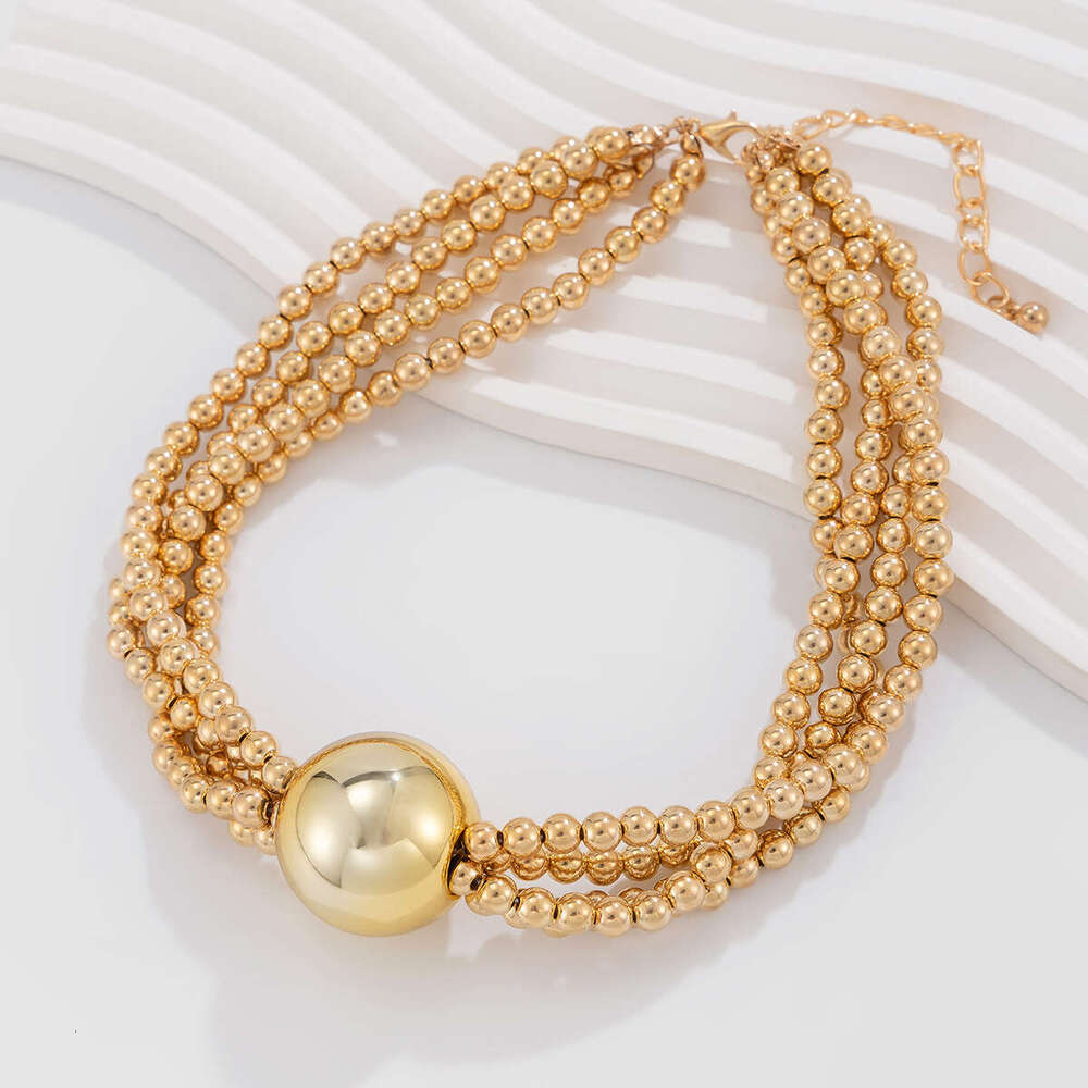 Exaggerated round bead pendant, collarbone necklace, women's hip-hop trendy metal multi-layer pearl necklace