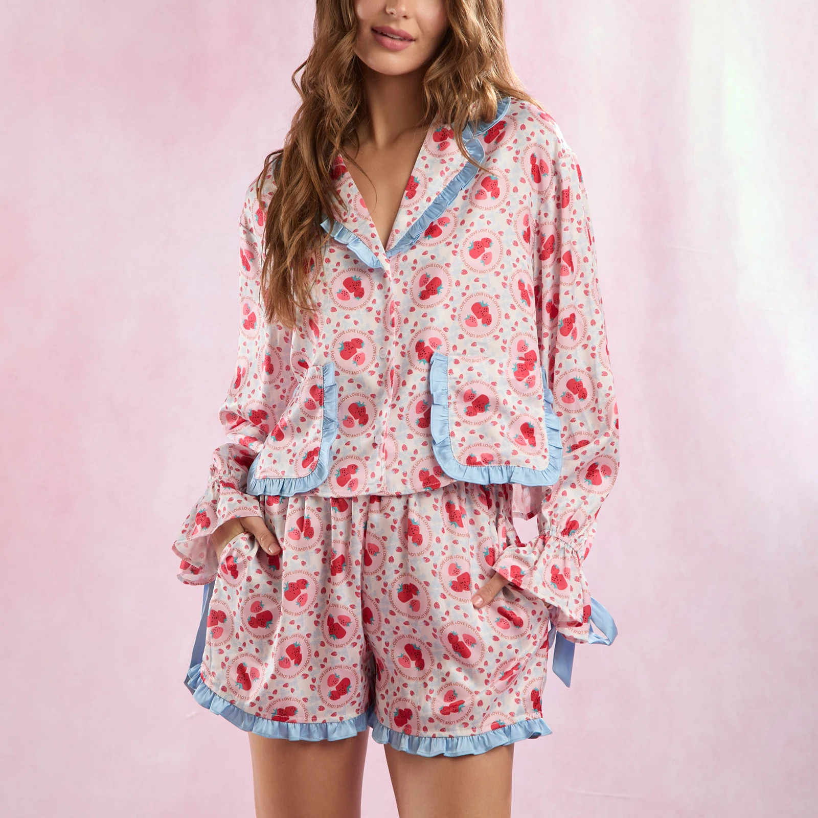 Imcute Strawberries Print Lounge Pants Set Women Valentines Day Sleepwear Satin Frill Blouse Shirt TopsShorts 2 Piece Pajamas 250219