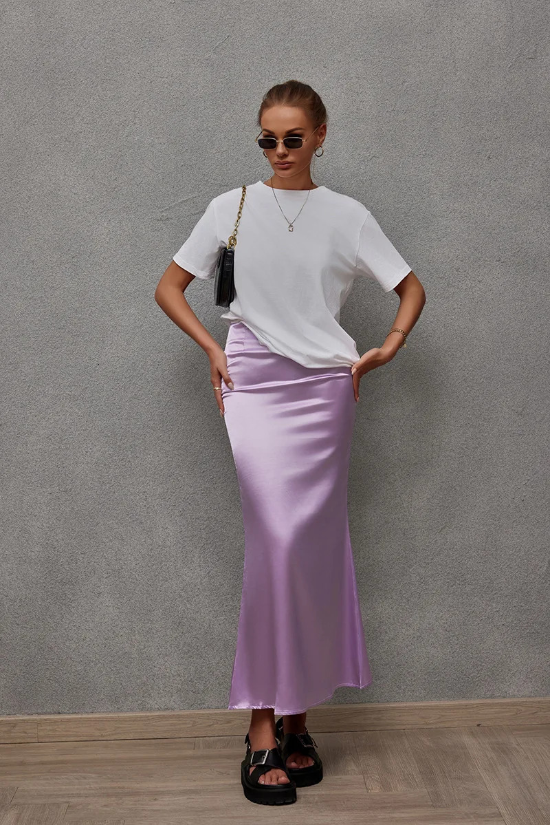 satin casual solid ultrathin long leather trend thin dress office ladies French fishtail streetwear 250220