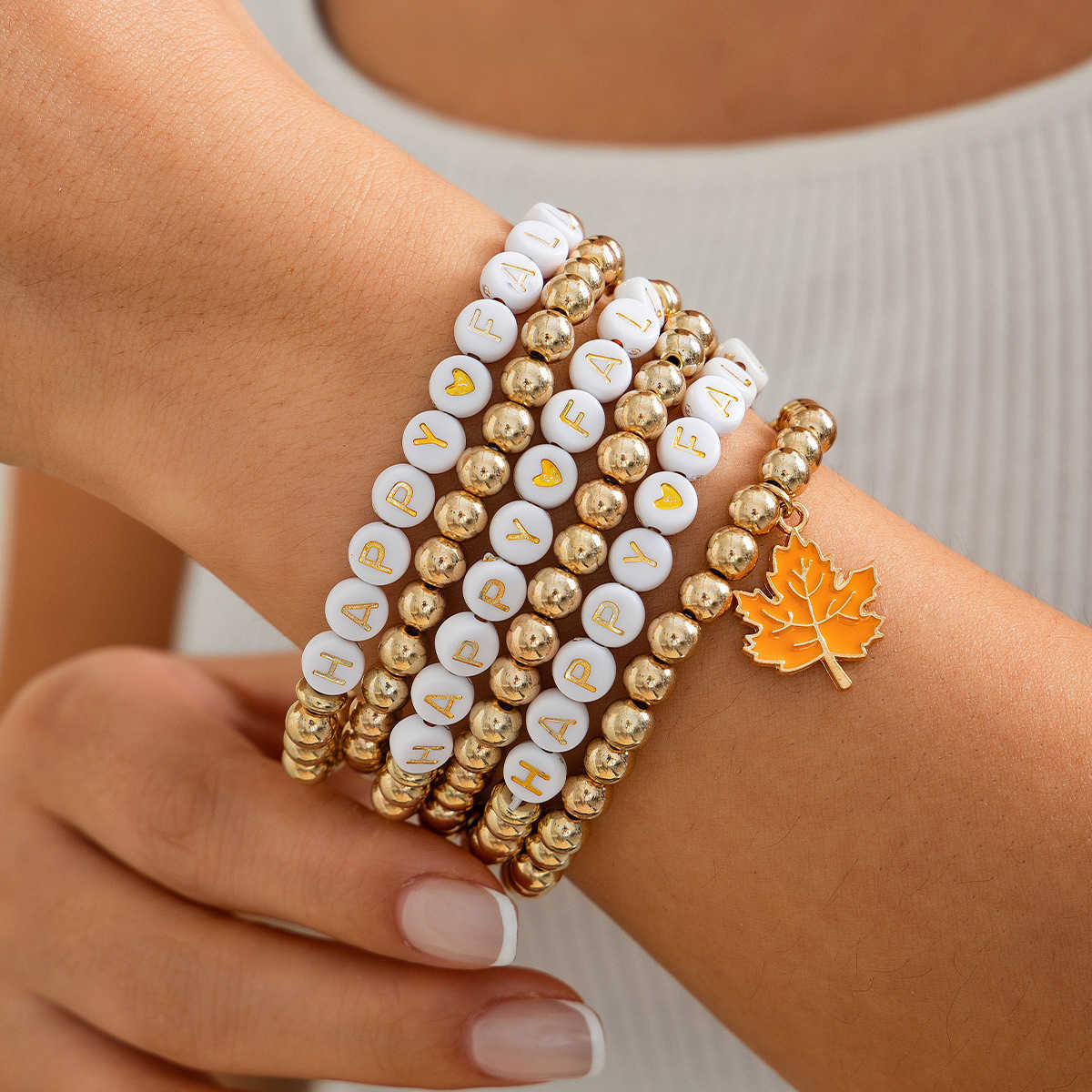 Charm Bracelets Thanksgiving Maple Leaf Acrylic Bracelet Creative Handmade Soft Ceramic Bead Bracelet Set H25220