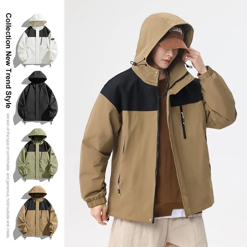 Spring Autumn Casual Jacket Men Women Hiking Outdoor Windproof Coats Hooded Jackets Color Matching Zipper Couple Top 250210