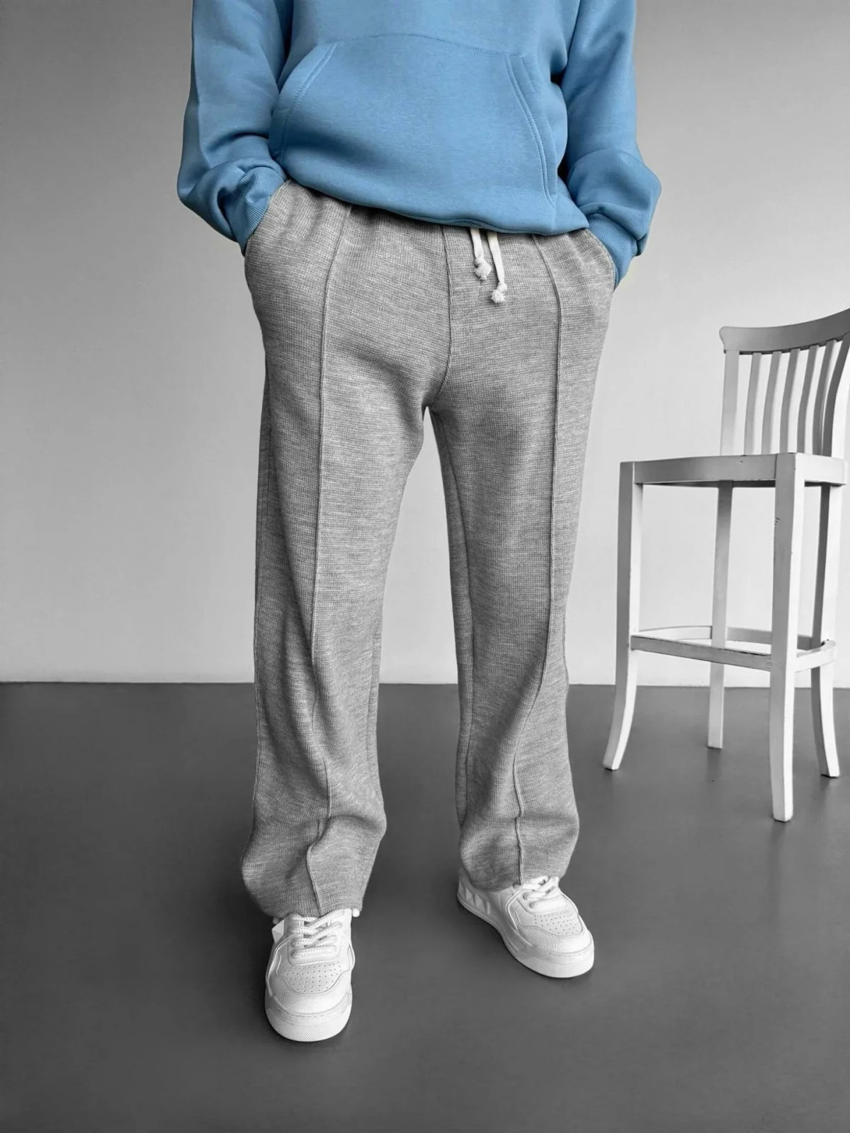 Mens business casual solid color waffle rope straight jogging pants suitable for shopping and casual pants 250220