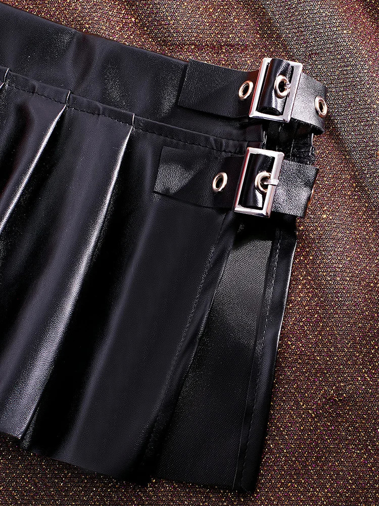 Sexy PU Leather Pleated Skirt Women Solid Basic Mini Low Waist Female Nightwear Micro Bikini Skirts Nightclub 250220