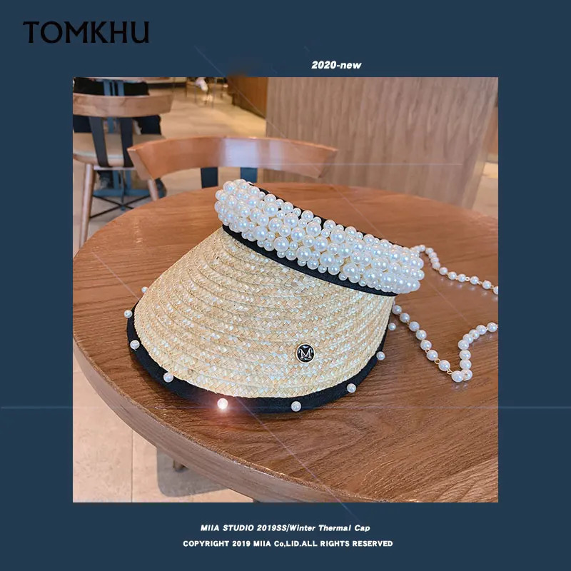 100% Handmade Customize Pearl Empty Top Visor Women Spring Summer Straw Sun Hats Beach Caps for Female High Quality 250219