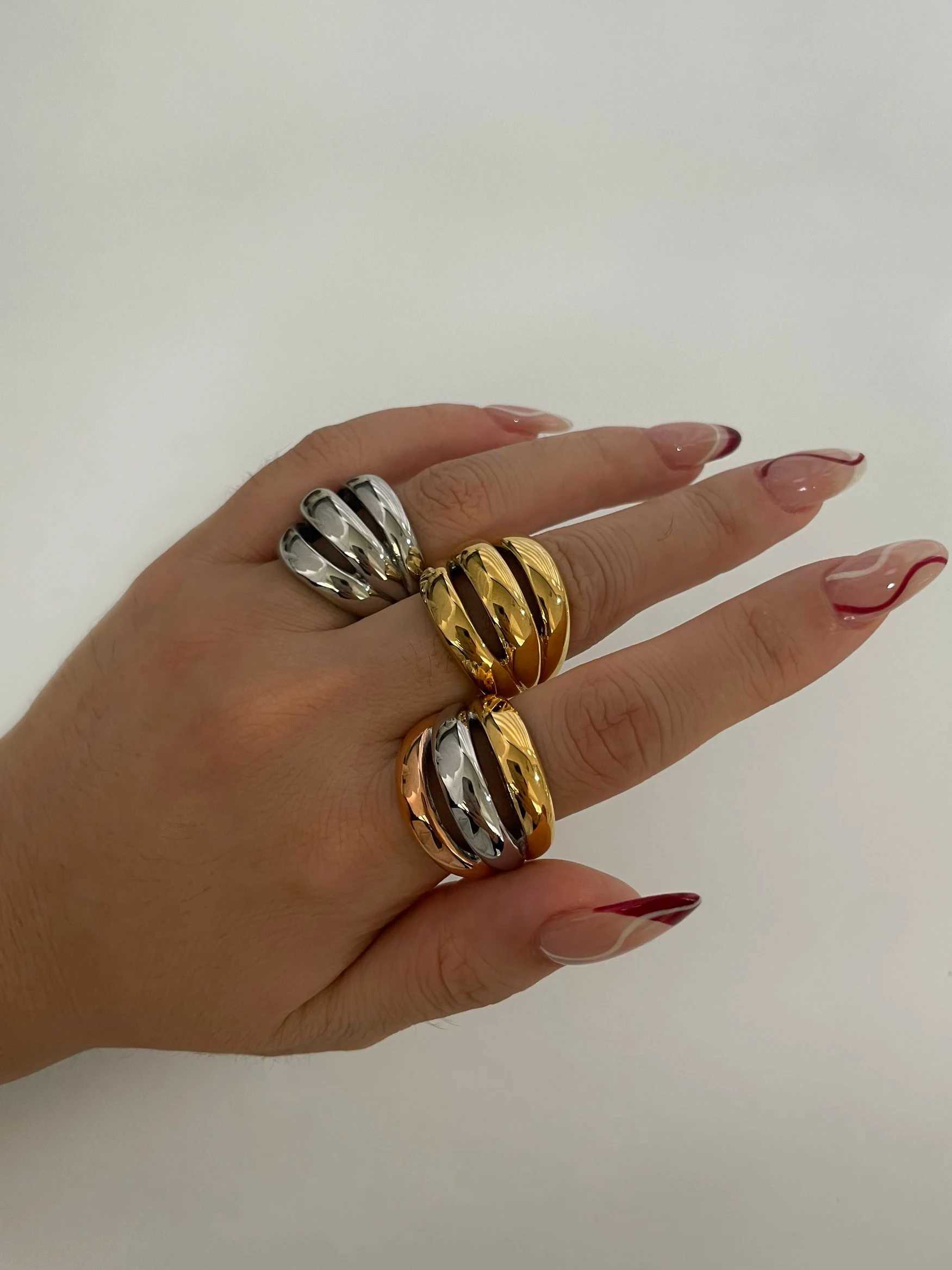 Perisbox Stainless Steel 18K Gold Silver Plated 3 Splicing Color Chunky De Ring Tree-Layer Hollow Rings for Wen Men Unisex X250220