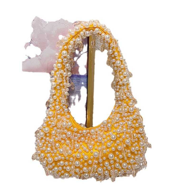 Sweet, fresh, cute, simple, casual, pearl crystal bead fashion, niche design, handbag, shoulder bag, underarm bag 250215
