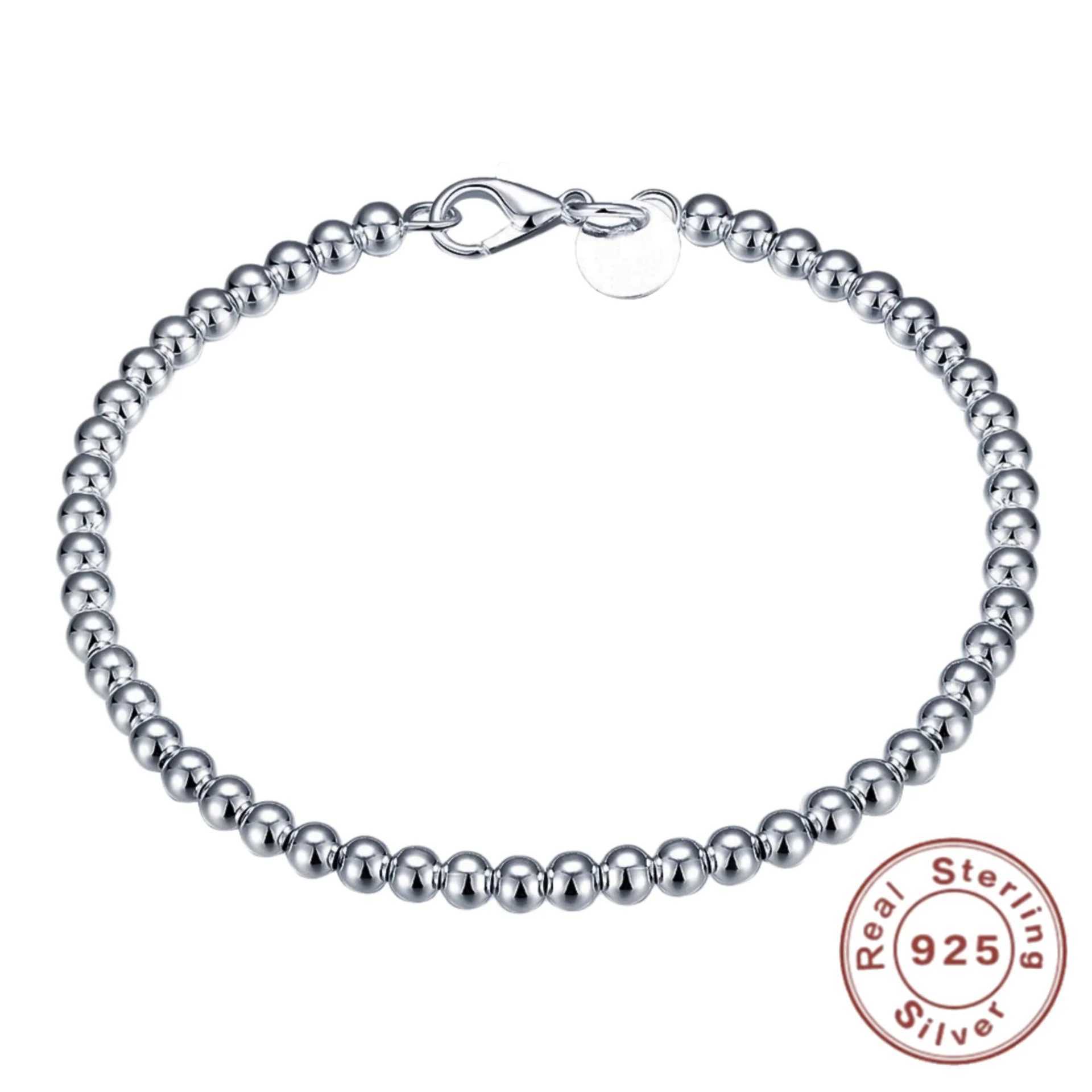 925 Sterling Silver Plated 4MM Beads Ball Chain Bracelet For Women Men Fashion Jewelry elegant Jewelry Birtay Gift for womenXJ250219