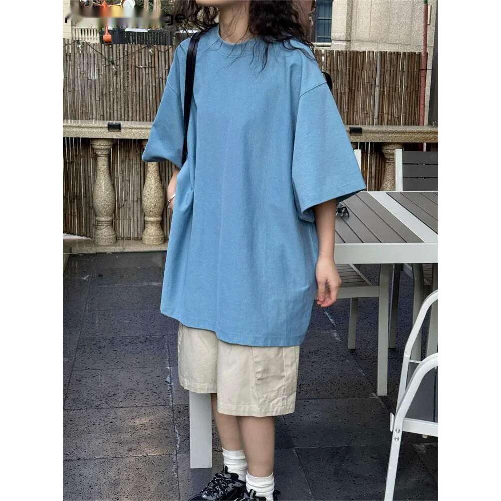 2025 Spring Simple Basic Solid Drop Shoulder T-Shirt Casual 100% Cotton Tees Top White/Black/Light Blue/Red