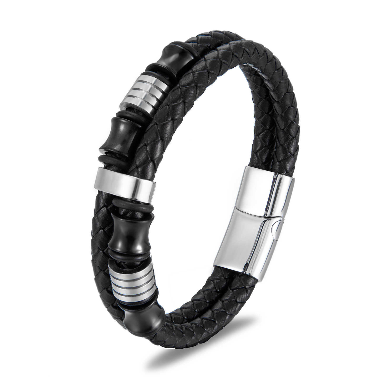 Charm Bracelets New black leather stainless steel mens bracelet minimalist leather bracelet H25220