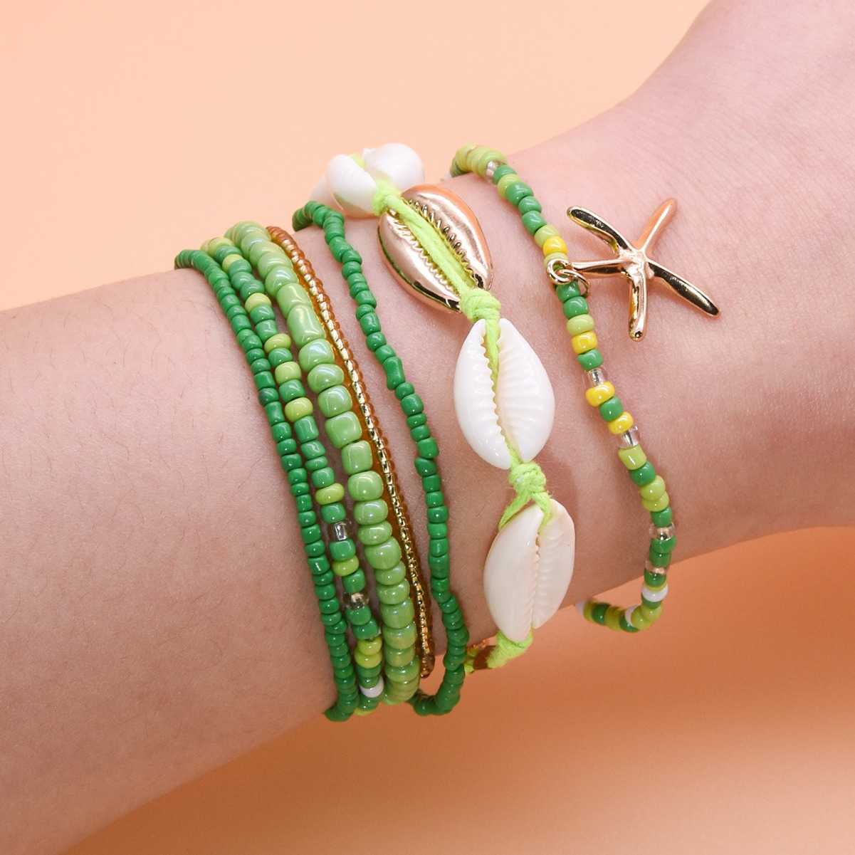 Charm Bracelets Bohemian Beach Style Bracelet Set Summer Dopamine Sea Star Rice Bead Shell Hand Rope Six Piece Set for Women H25220
