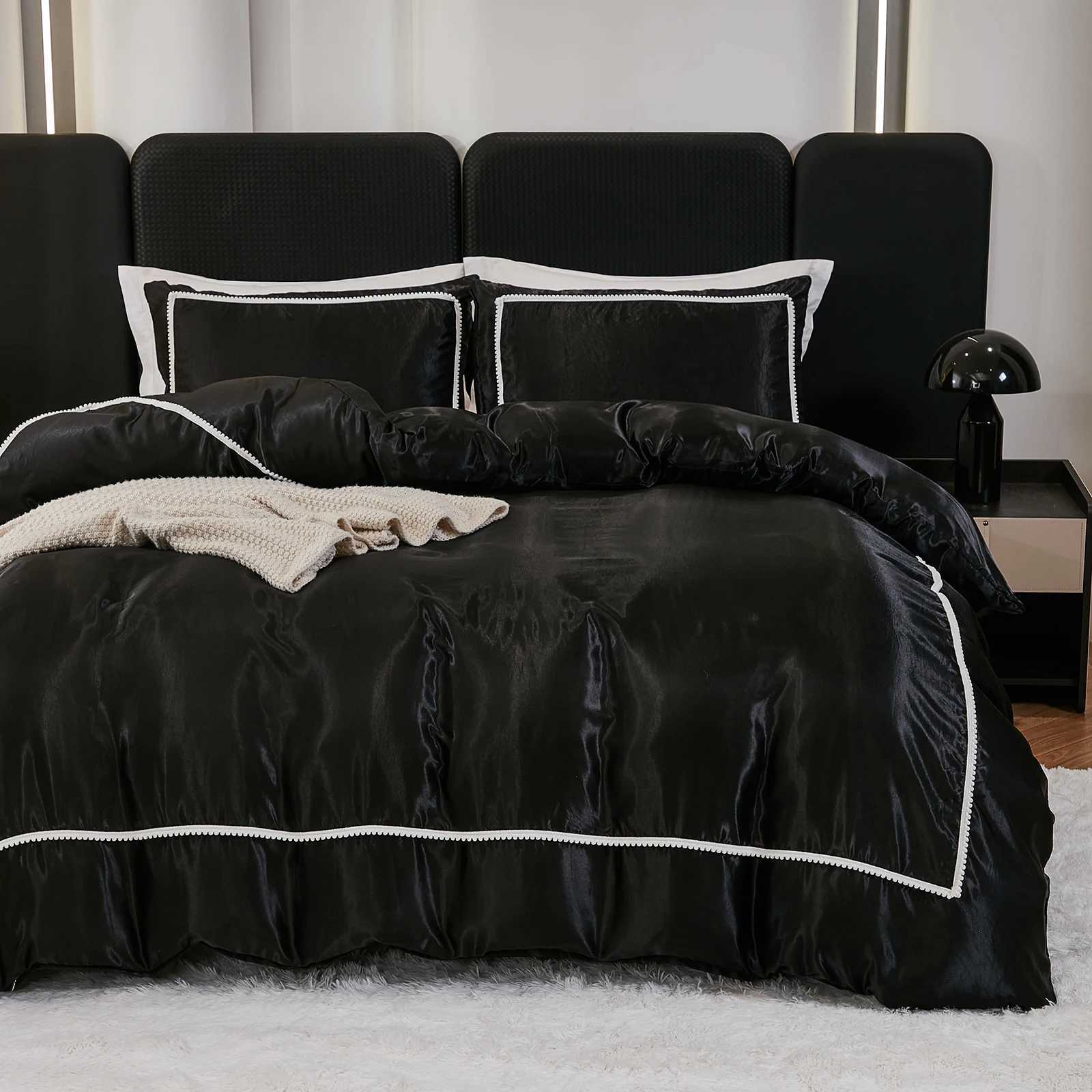 3-piece satin down duvet cover set silk white black and pink bedding set silk luxury bedding set Y250219