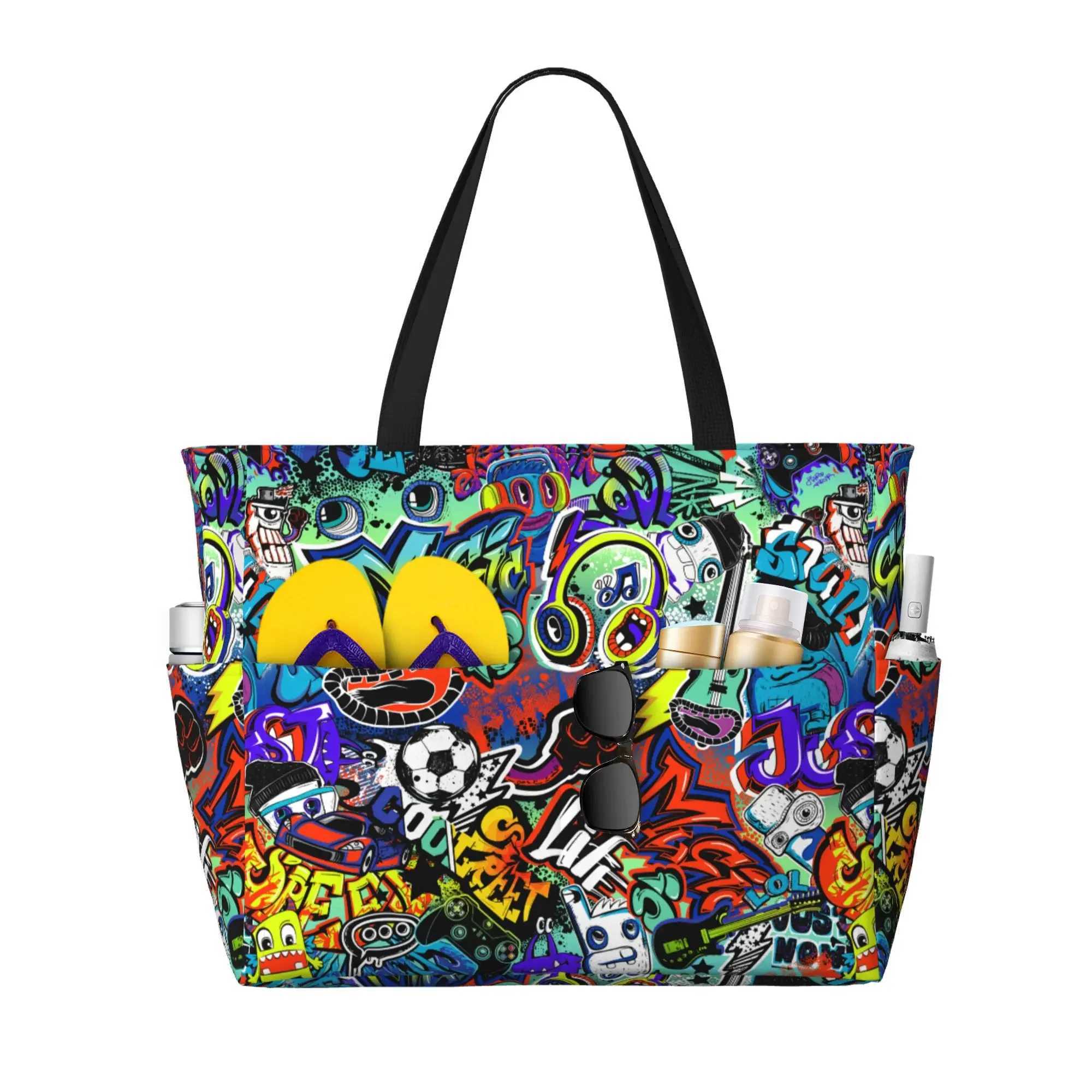 Graffiti waterproof beach handbag ladies large capacity storage bag travel vacation swimming handbag Z250219