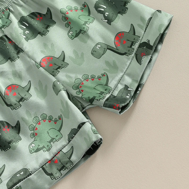 Kids Boys Summer Pajama Outfits Dinosaur Print Turn-Down Collar Short Sleeve Shirts and Elastic Waist Shorts 2 Pieces Sleepwear 250219
