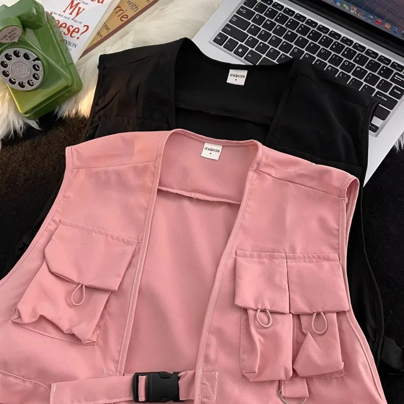 Vests Women Solid Pockets All-match Special Unisex Simple Cool Japanese Style Leisure Vintage Attractive Spring Students Young 250219