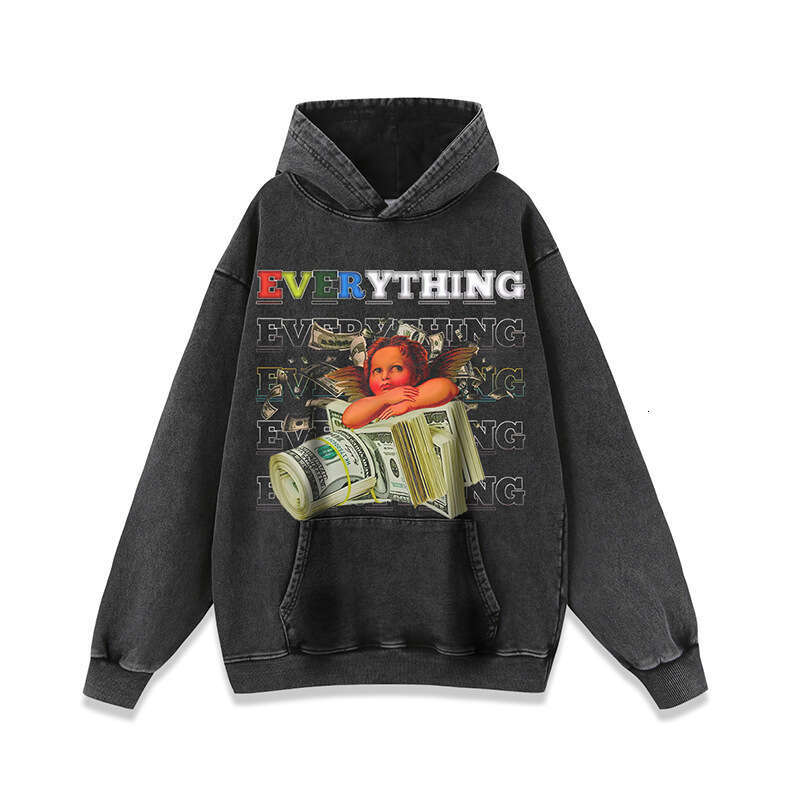 Angel print vintage Wind long sleeved hoodie for men and women, high street trendy brand wash top