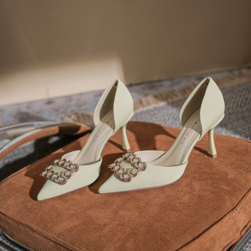 82308 Pointed Toe High Women's Stiletto Heels 2024 Spring And Summer New Style Square Buckle Large Rhie French Hollow Shoes