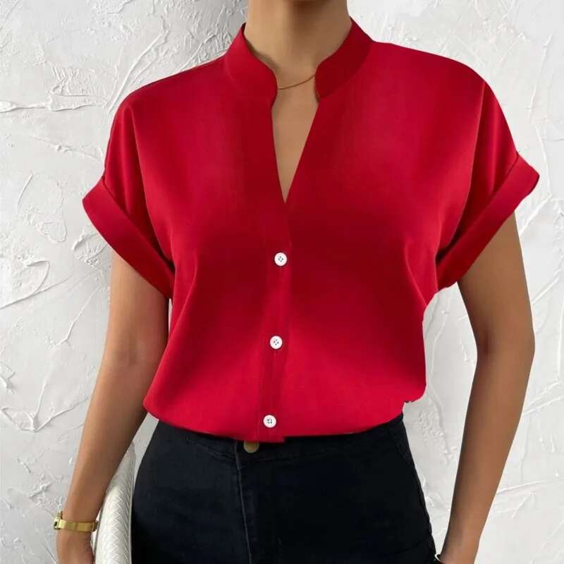 Summer Minimalist V-Neck 2025 Elegant Women's Satin Red Short Sleeved Single Breasted Casual Fitting Office Shirt