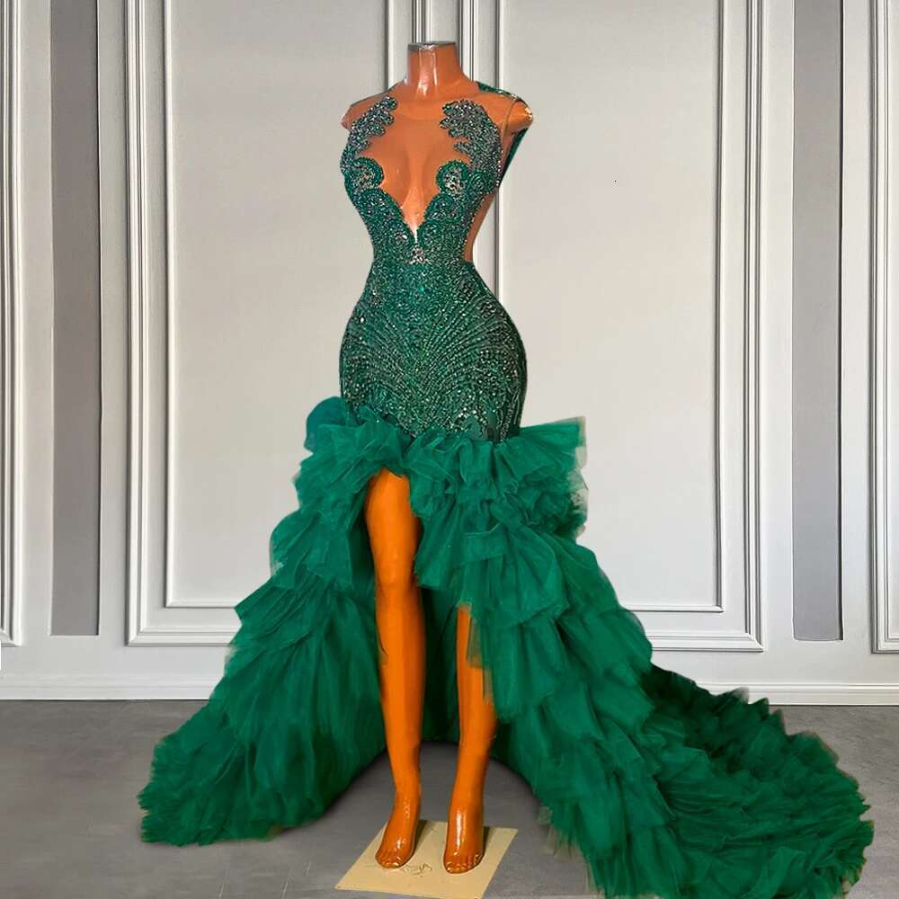 Layered Pleated Green Long 2025 The Rhinestone Diamond Neck Black Girls Mermaid Ball Gowns prom With Slit Custom