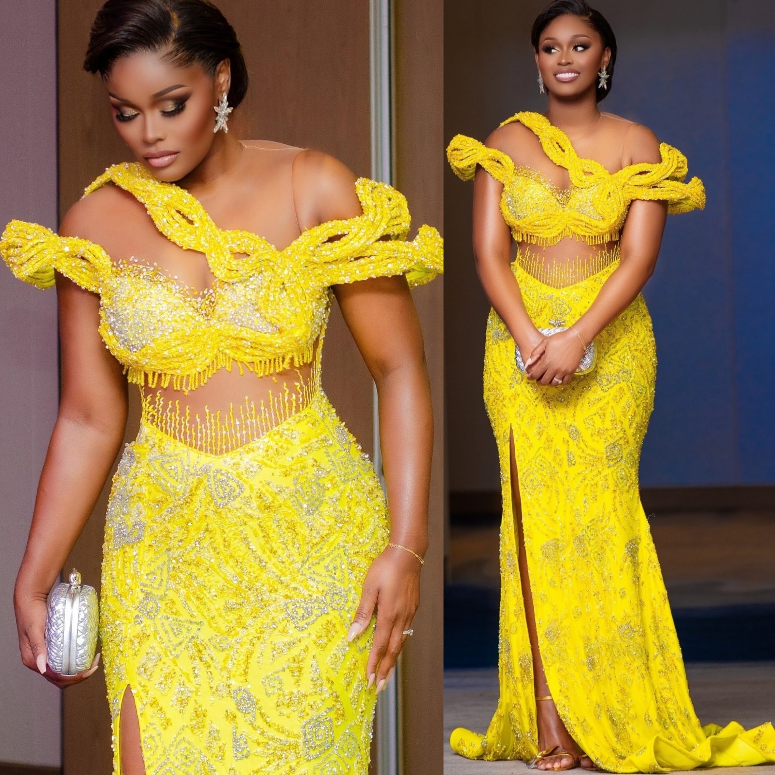 Yellow Mermaid Prom Dresses 2025 Beaded Stylish Sequined High Split Evening Formal Party Second Birthday Engagement Gowns Plus Size Dress For Special 