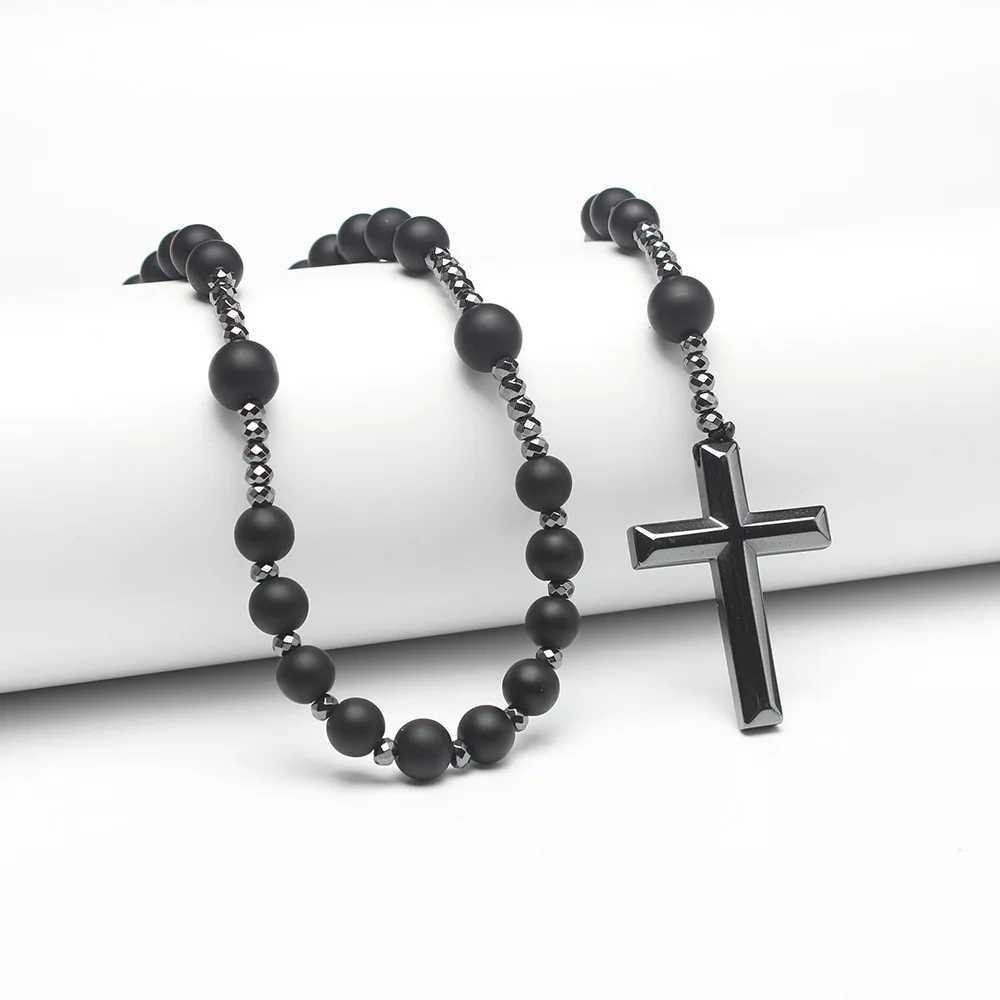 Natural Stone Tiger-eye Beads Hematite Cross Pendant Necklace for Men and Women Rosary JewelryXJ250219