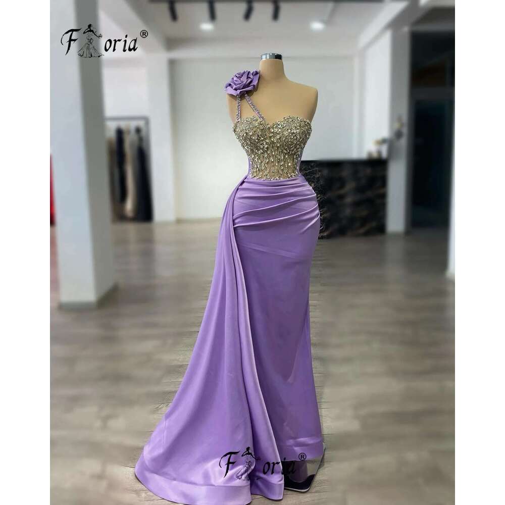 Purple Elegant Satin Prom Dress Beads Crystal Sexy Formal Evening Gown Customized Tail Robes Longues Soir Es L Gante