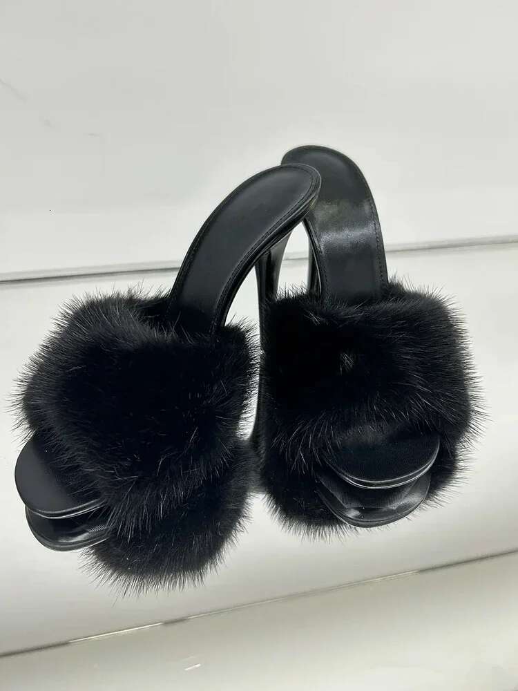 Mink Fur High Heels Women, Slim Heels, Summer New Style, Open Toe Slippers, Sexy Fish Mouth Leather Party Sandals For Women