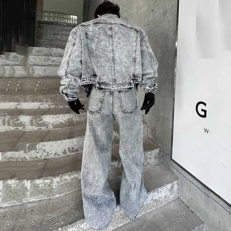 PFNW Mens Grey Trouser Set Patch Pocket Embossed Denim Short Jacket and Wide Leg Jeans Spring Loose Two Piece Set 9C4491 250220