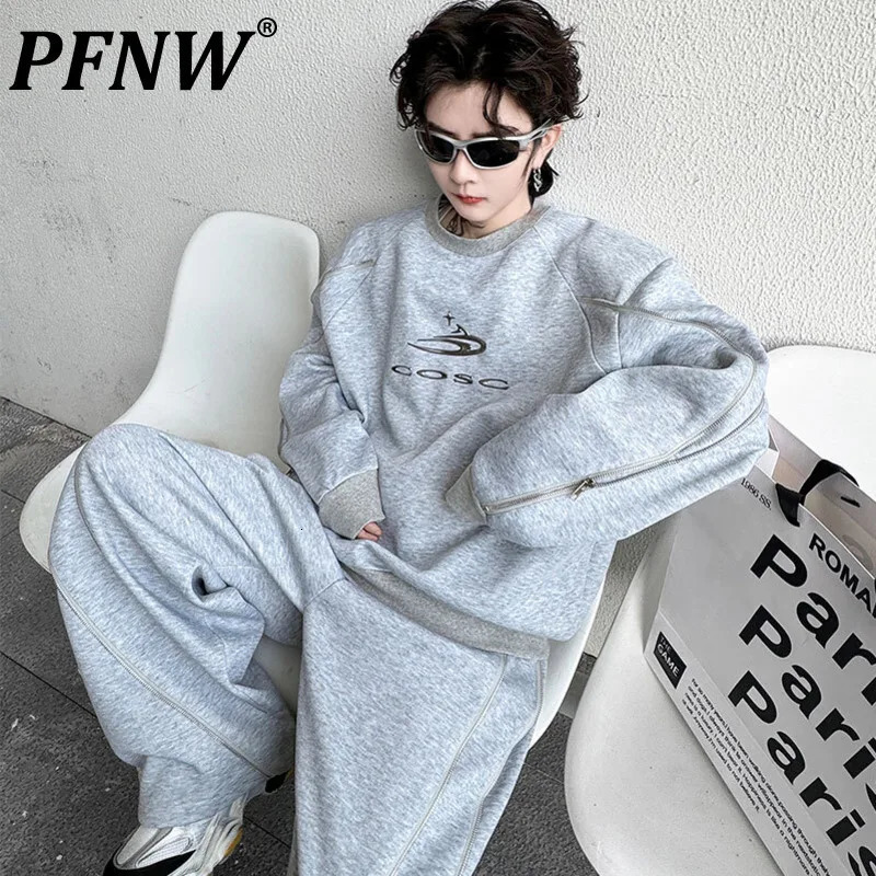 PFNW Mens Two-piece Set Round-neck Long Sleeve Pullover Sweatshirt High Street Wide Leg Pants Zippered Sets 9C4234 250220