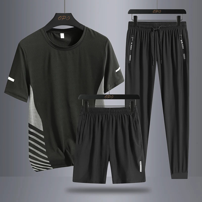 Summer mens sports running three piece set with round neck short sleeved Tshirt shorts long pants loose ice silk 250220