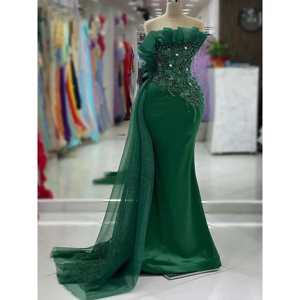 Green mermaid prom trimmed crystals appliques formal evening party be reception birthday engagement dress soiree robe