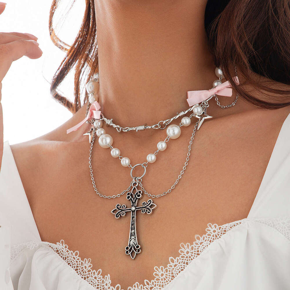 Jewelry Cross Metallic Bow Necklace Small Fresh Alloy Imitation Pearl Clavicle Chain