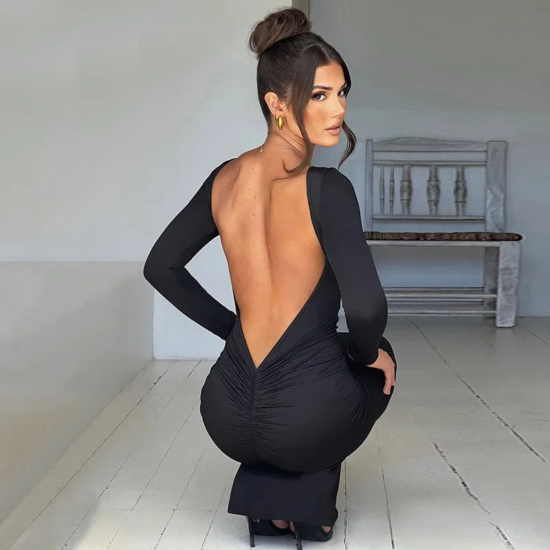 Autumn Winter Sexy Backless Bodycon Ruched Evening Party Maxi Long Dress Outfit for Women Long Sleeve Black Club Dresses Vestido 250219