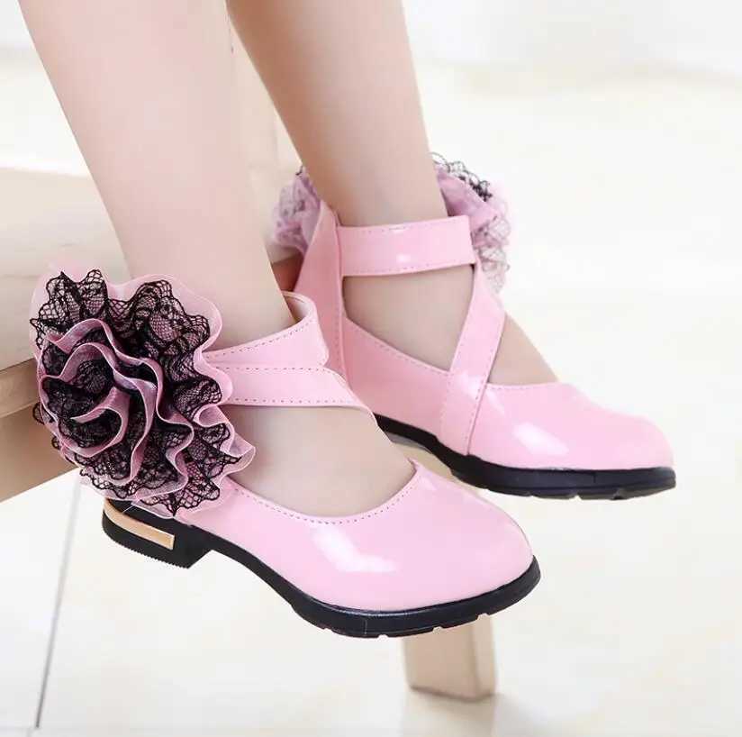Kids Shoes Girls High Heel Princess Flower Shoes Fashion Children Shoes Leather Fashion Girls Party Dress Wedding X250220