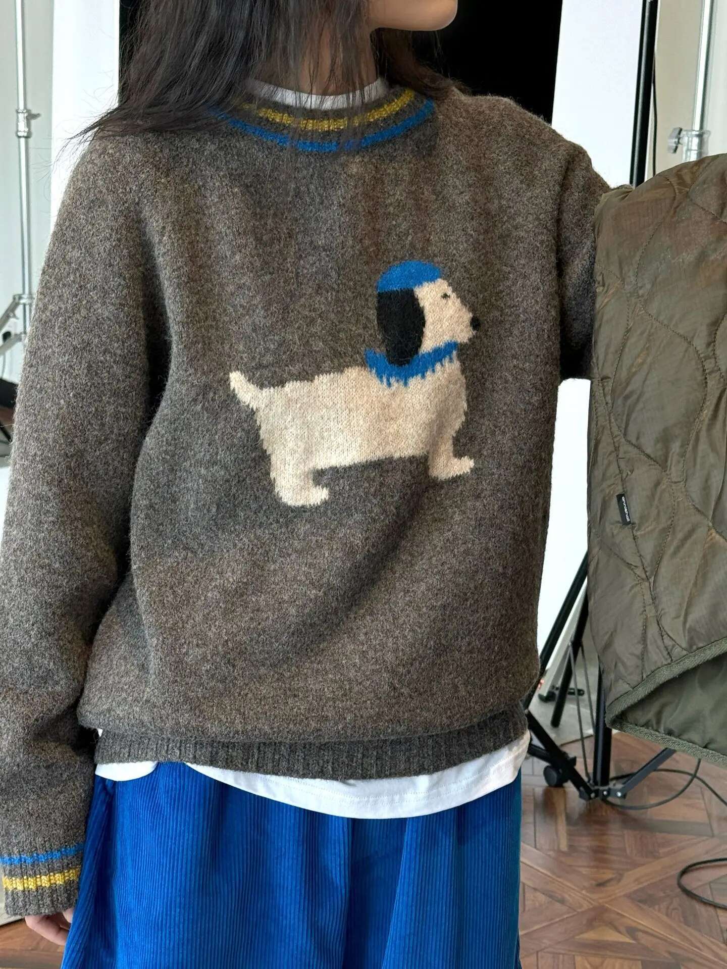 Winter Women's Casual Dog Pattern Round Neck Long Sleeved Loose Sweater