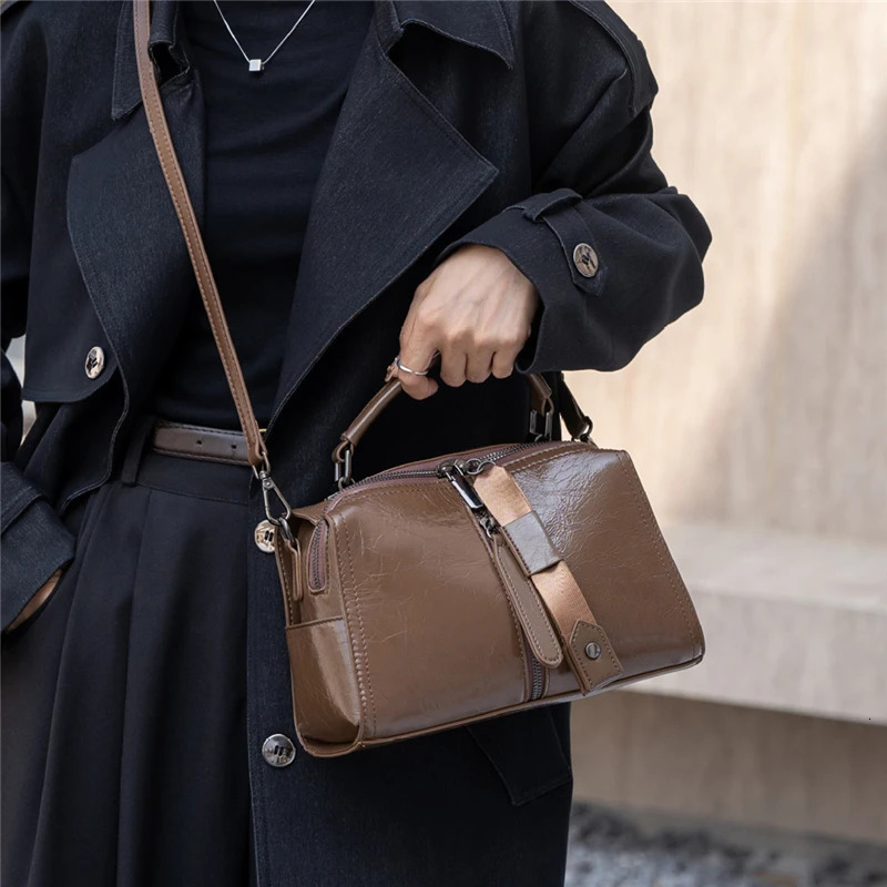Burminsa Cowhide Genuine Leather Pillow Tote Handbags For Women Trend Wide Strap Ladies Shoulder Crossbody Bags 250214