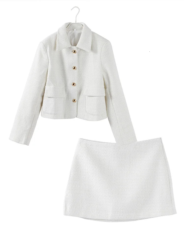 Elegant Solid Coat Mini Skirt Set Women Slim Lapel Single Breasted Pocket Coat A Line Skirts Sets Autumn Lady Outfit 250220
