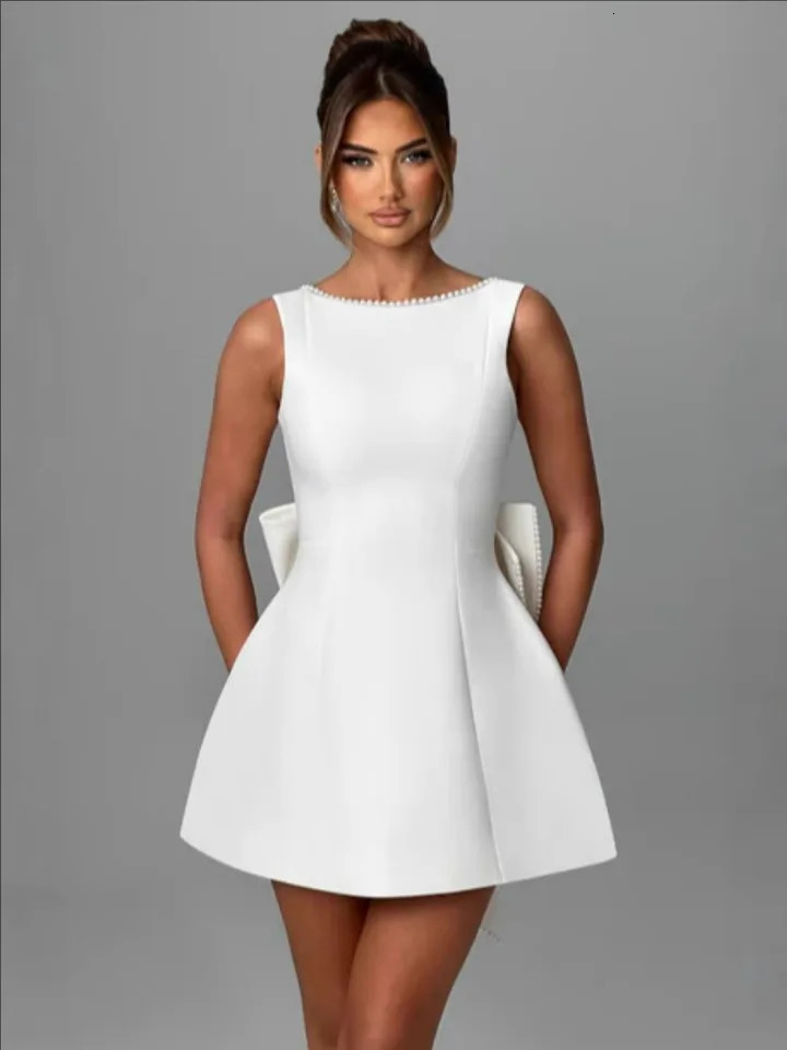 Spring Summer Elegant Women Sexy Mini Dress Pearl Big Bow Backless Zipper Sleeveless High Waist A-line Club Party Dress 250219