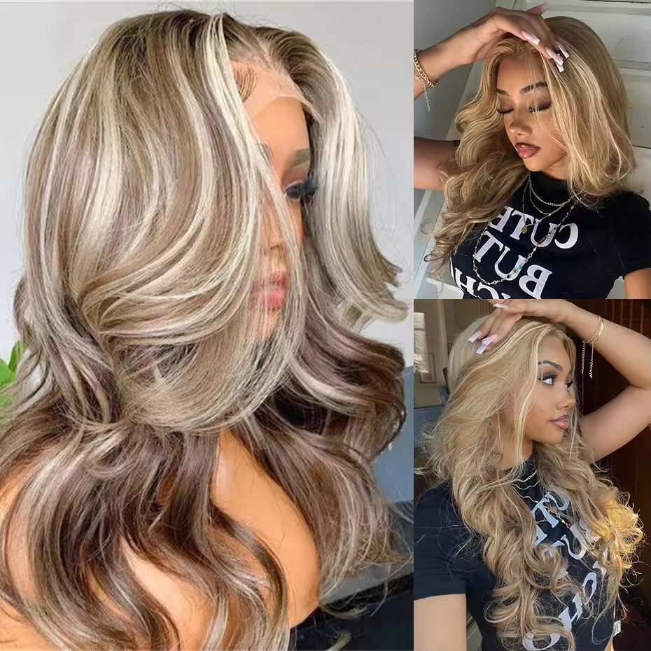 Highlight Gray Ash BlondeTransparent 13x4 Lace Frontal Wig, Highlight Wig Human Hair full lace wig,HD Frontal Preplucked Wig For Women Stripe glueless
