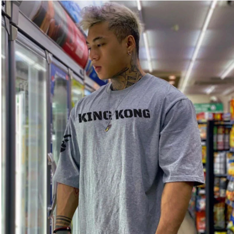 Trendy loose fitting men sports short sleeved Tshirt summer printing pure cotton half sleeve gym running training 250218
