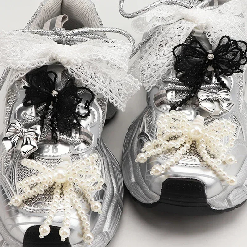 1Pair Buckle Pearl Rhinestone Shoelace Fashion Shoes Charms Bowtie Flower Lace Shoelaces Decoration Shoe Accessoriess for Woman 250219