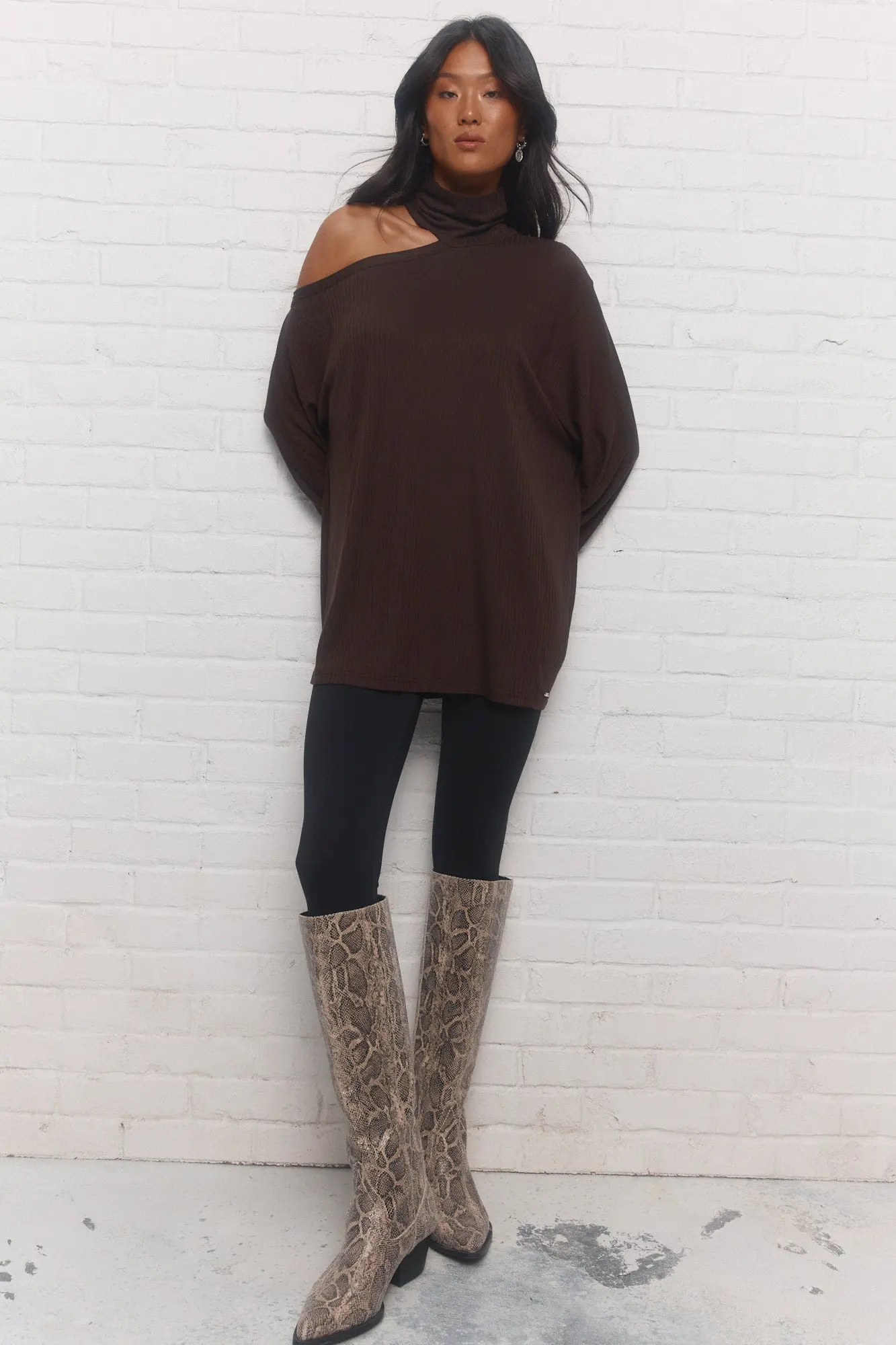 Stylish Ribbed Stretch Fabric Dark Brown High collar Sweater Top with asymmetrical shoulder opening