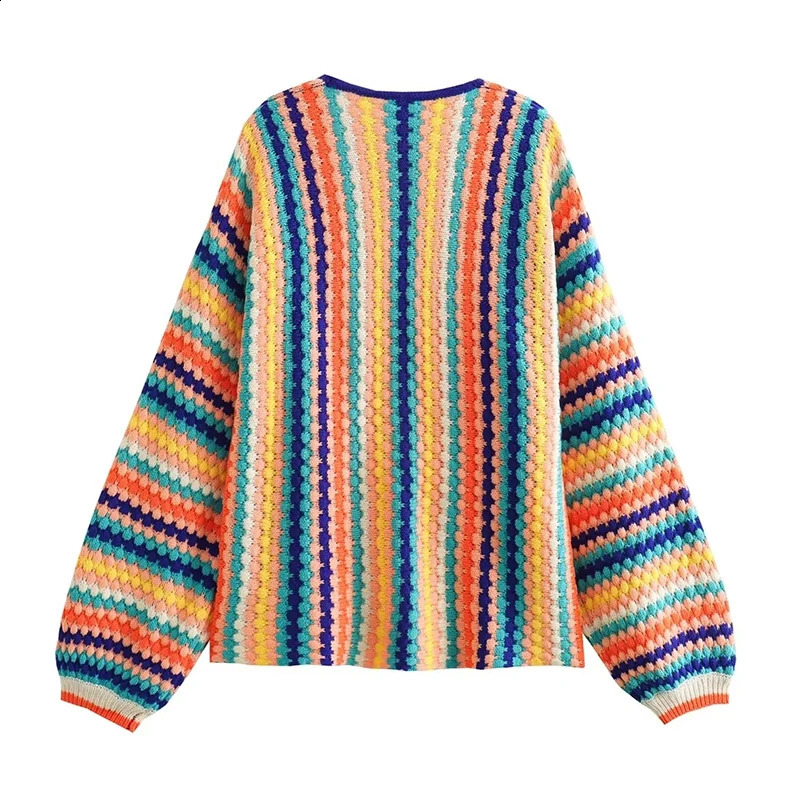 Autumn Winter Cardigan Stripe Sweater Casual Multi-color Hand Hook Loose Knit Womens Clothing Knitwear Soft Warm Female Tops 250220