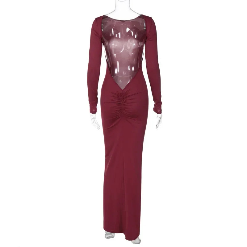 Autumn Winter Sexy Backless Bodycon Ruched Evening Party Maxi Long Dress Outfit for Women Long Sleeve Black Club Dresses Vestido 250219