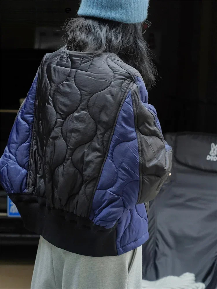 Winter Warm Silhouette Argyle Cotton-Padded Jacket Women Loose Soft Skincare Parkas Female Black/Blue