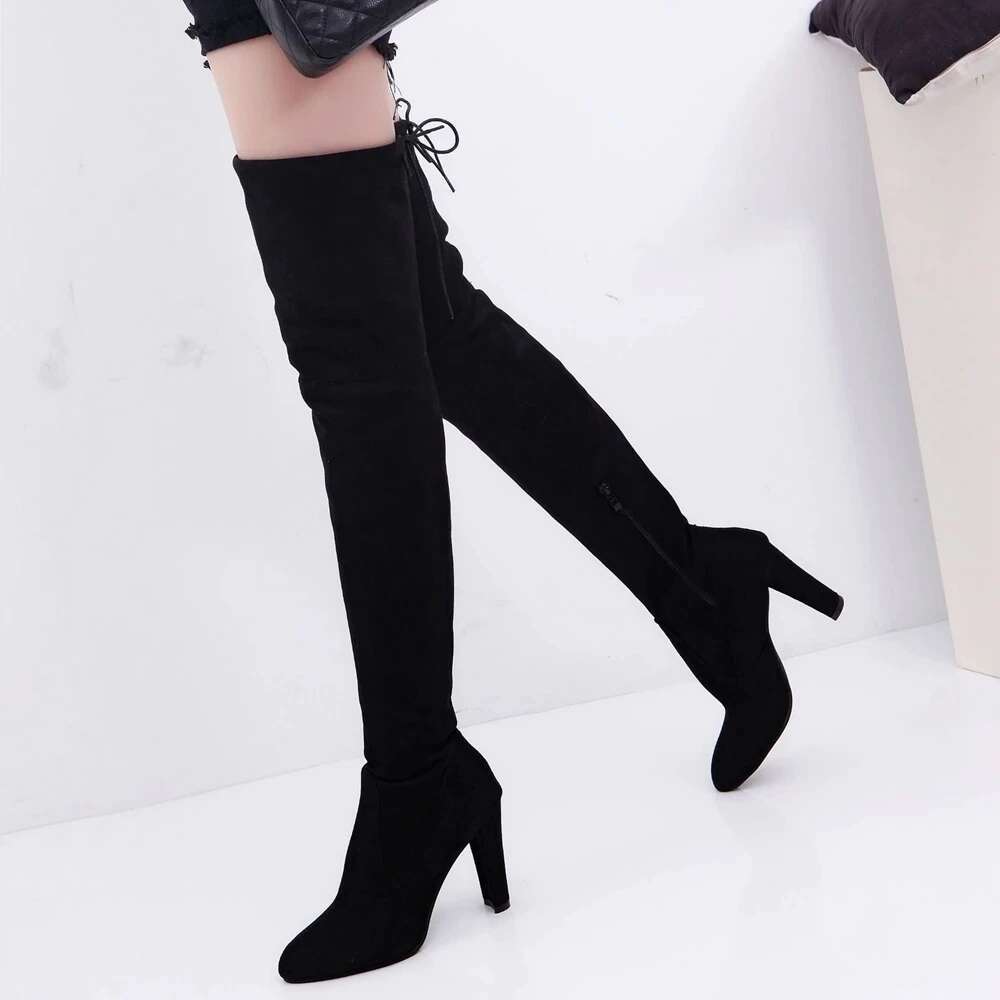SH Fashion Over The Knee Women Stretch Fabrics High Heel Slip On Shoes Pointed Toe Woman Long Boots Plus Size 34-43 Sb202